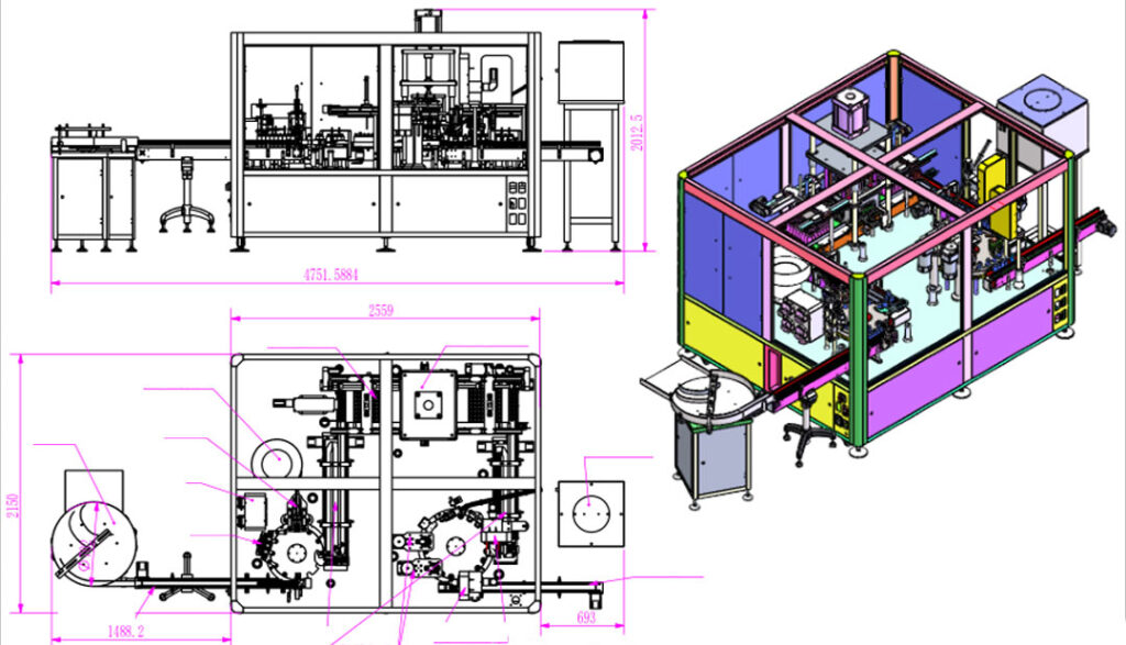 Diagramma schematico della linea di riempimento e tappatura di bottiglie a forma irregolare
