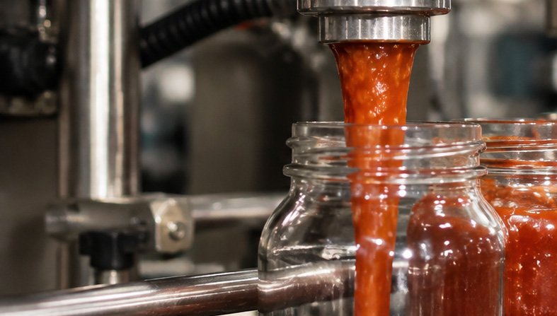 Hot filling machine filling sauce into glass jars