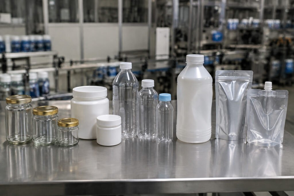 Various packaging containers including glass jars, PP, PET, rPET, HDPE containers, and flexible laminated pouches displayed in an industrial factory environment